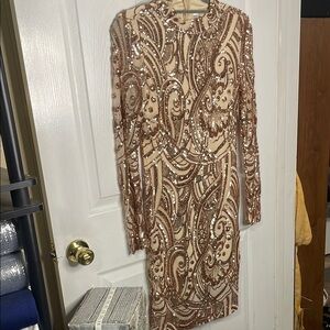 Brown and Cream Sheath Dress with Long Sleeves for Cocktail